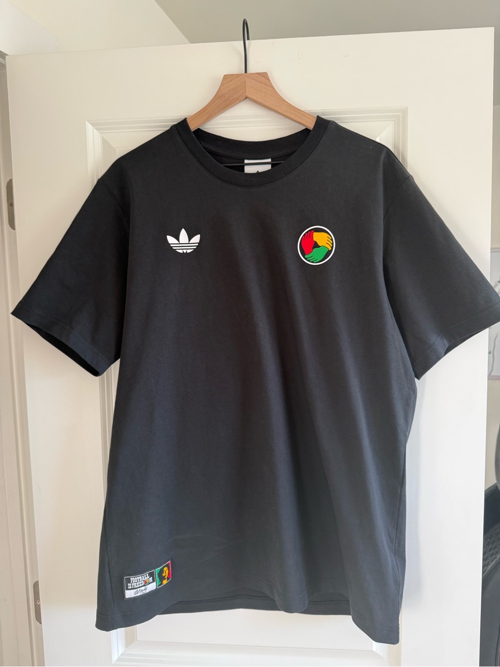 adidas Black Short Sleeve Tee with Multicolor Crest